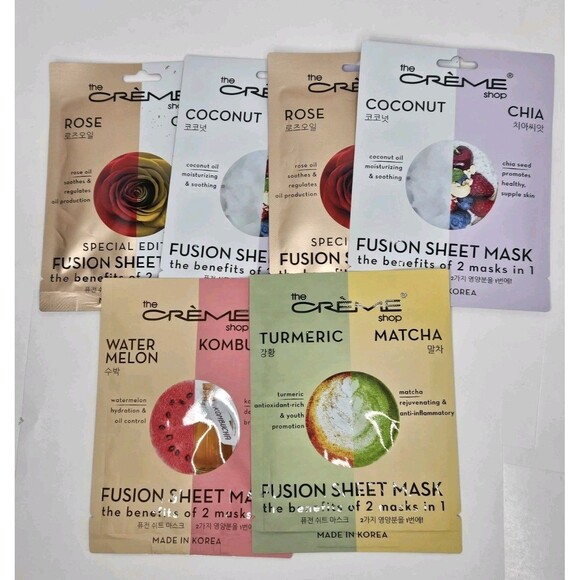 The Creme Shop Fusion Sheet Mask Set Of 6 Watermelon, Tumeric, Rose Gold Coconut - Picture 1 of 9